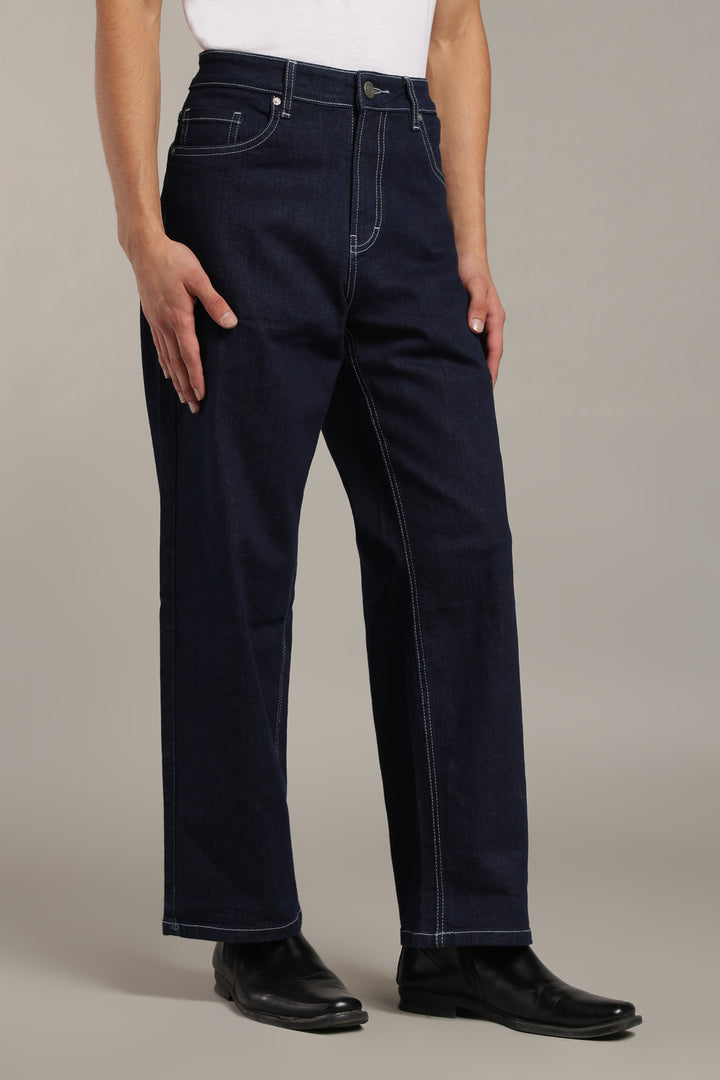 Men's Dark Indigo Baggy Fit Contrast Stitch Jeans