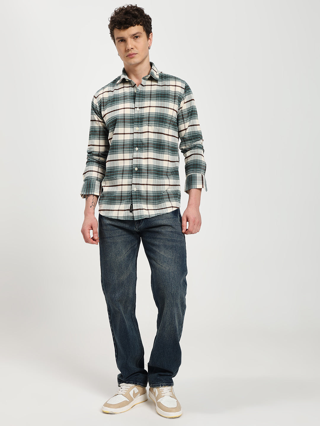 Men's Regular Fit Green Plaid Casual Shirt