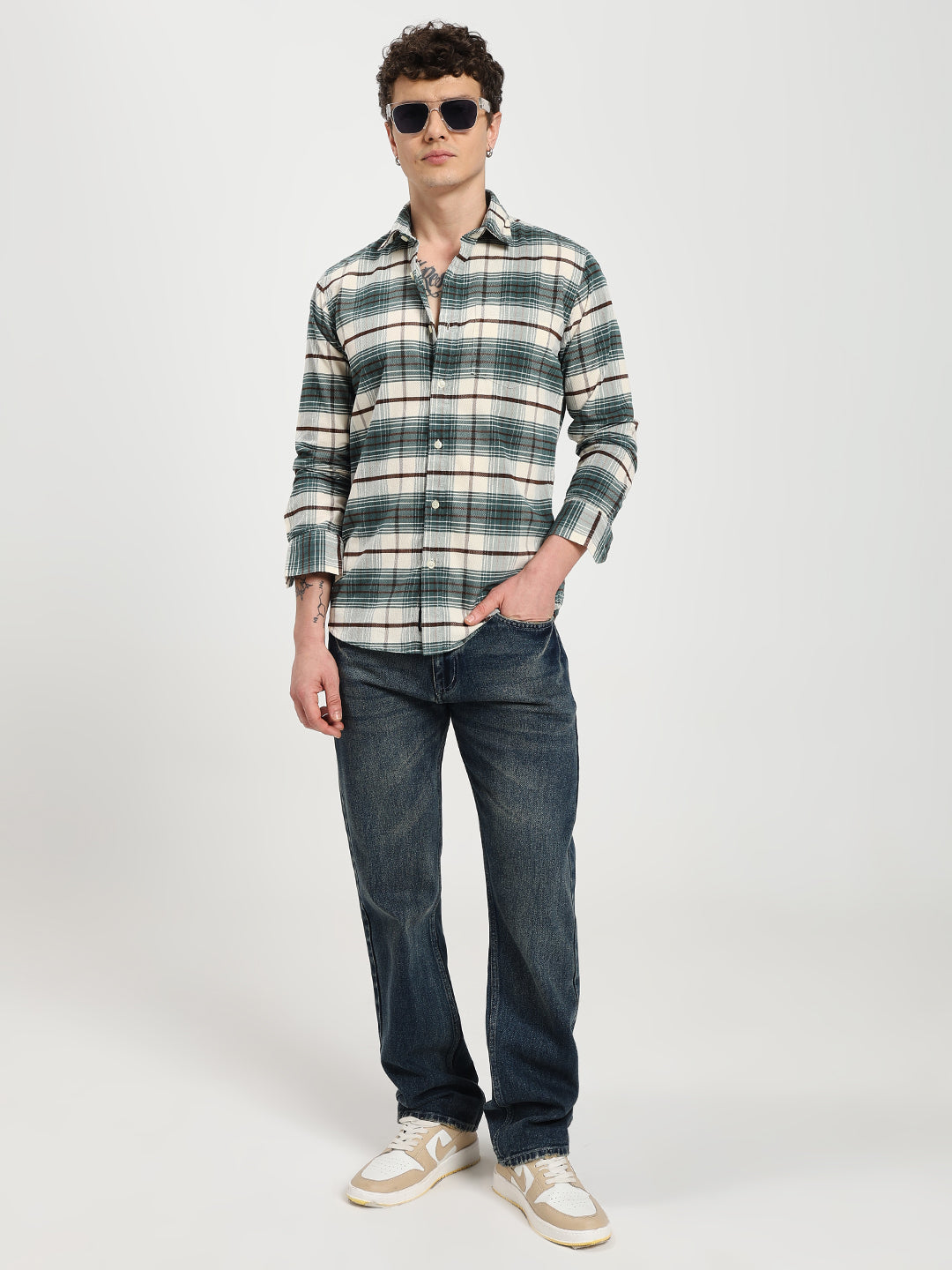 Men's Regular Fit Green Plaid Casual Shirt
