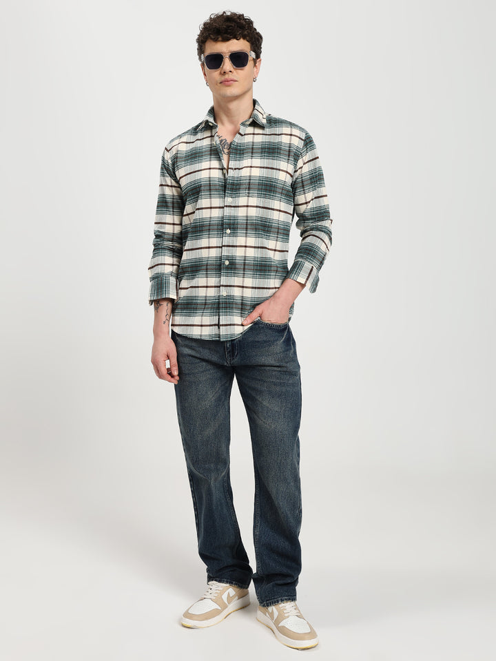 Men's Regular Fit Green Plaid Casual Shirt