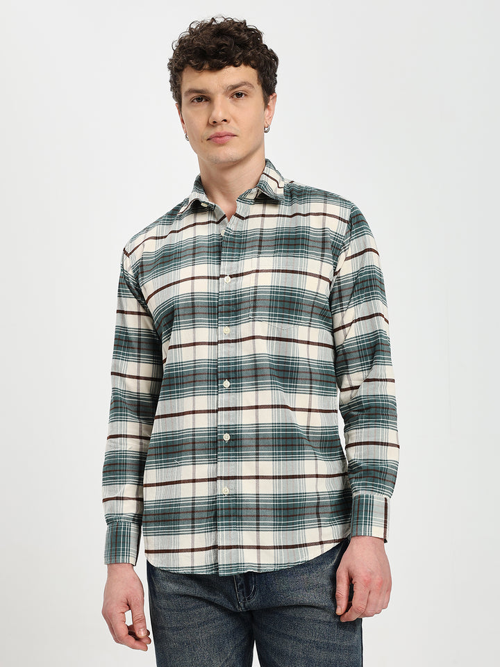 Men's Regular Fit Green Plaid Casual Shirt