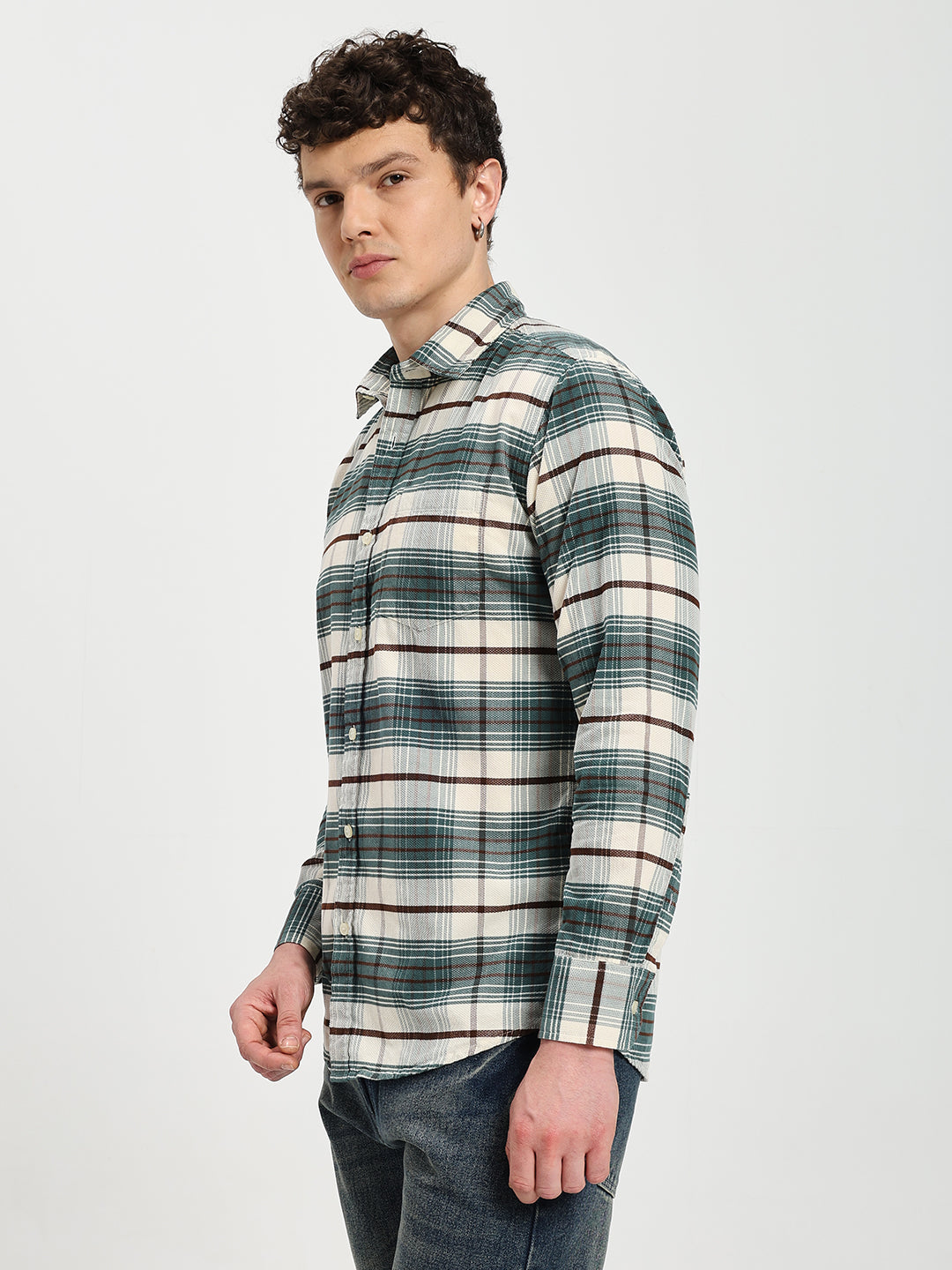 Men's Regular Fit Green Plaid Casual Shirt