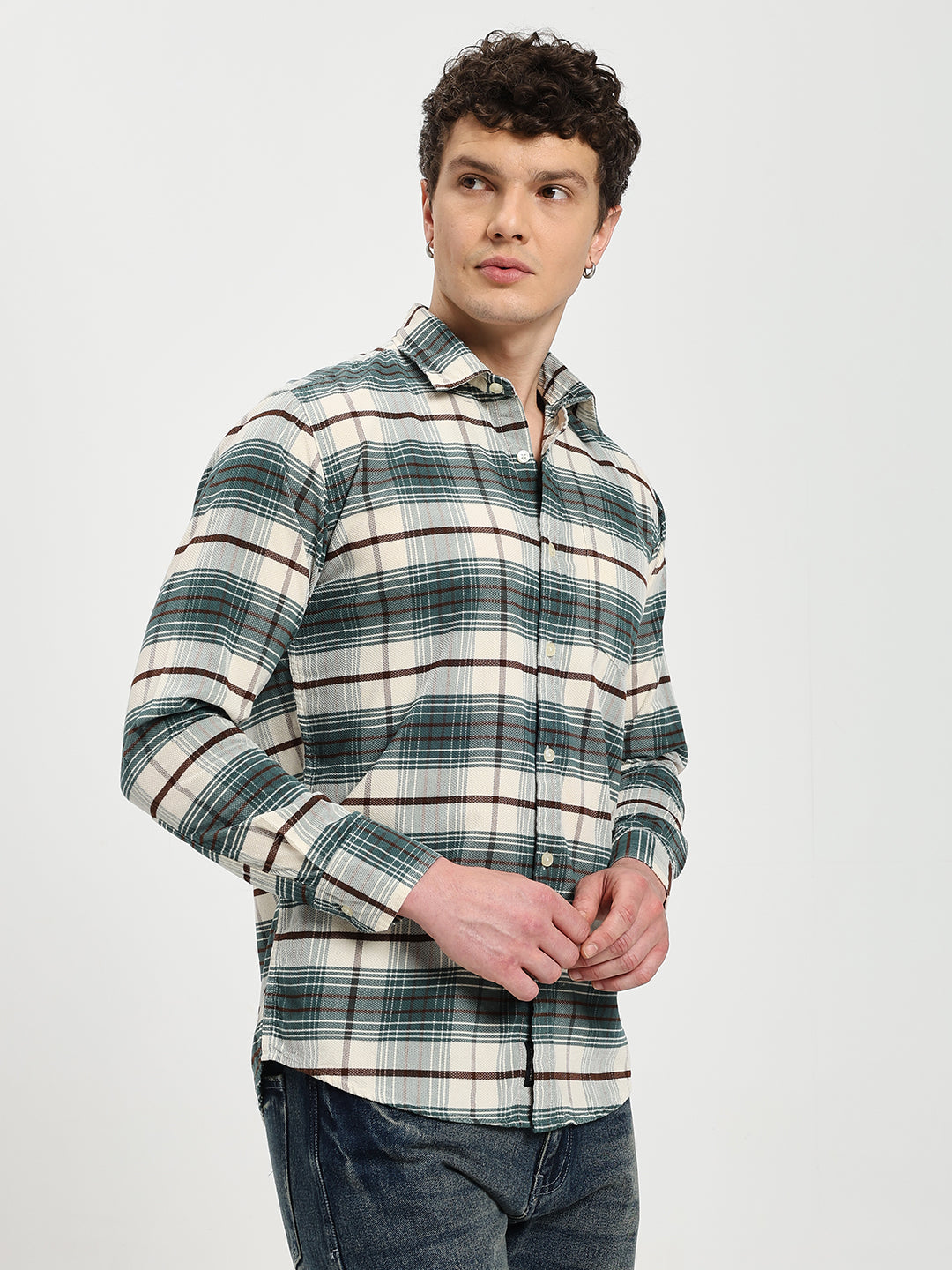 Men's Regular Fit Green Plaid Casual Shirt