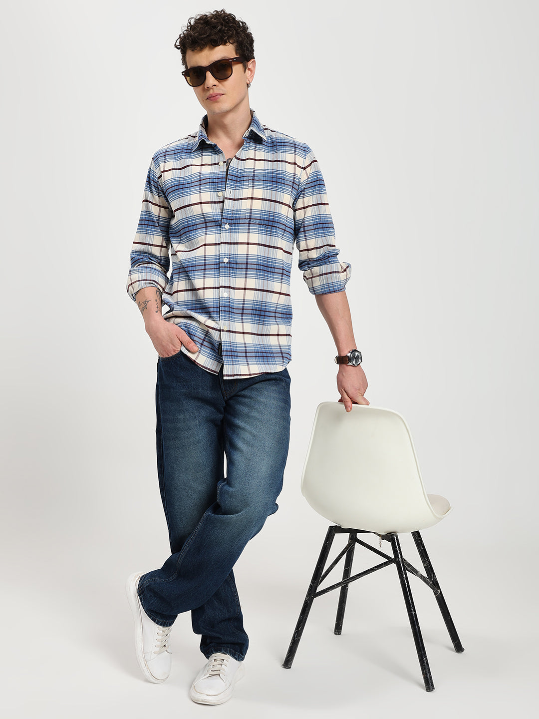Men's Regular Fit Blue Plaid Casual Shirt