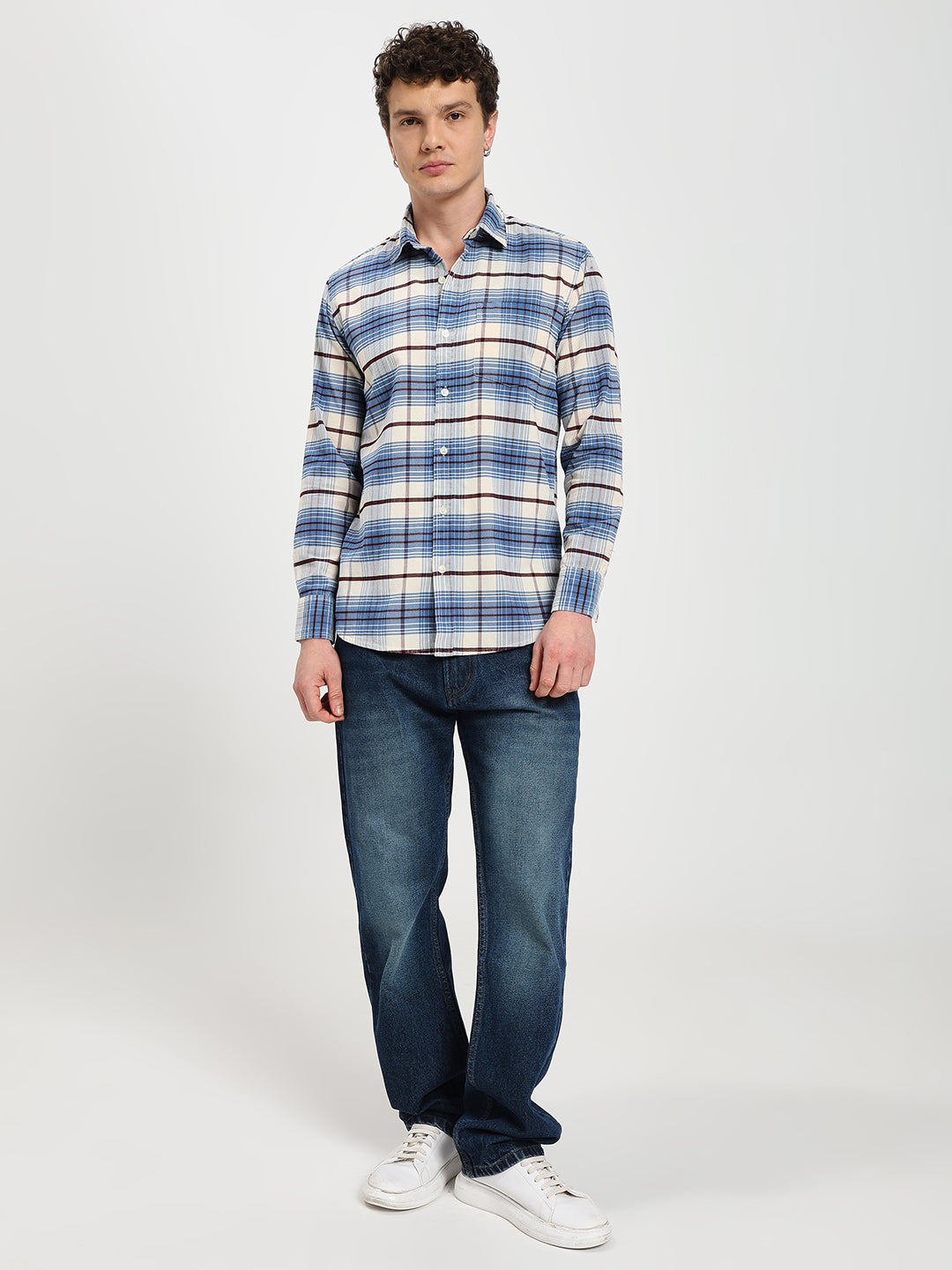 Men's Regular Fit Blue Plaid Casual Shirt