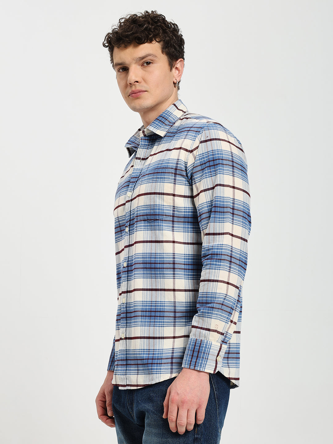 Men's Regular Fit Blue Plaid Casual Shirt