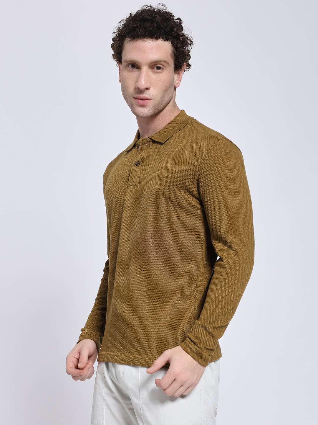 Mustard Brown Full Sleeve Polo T-Shirt