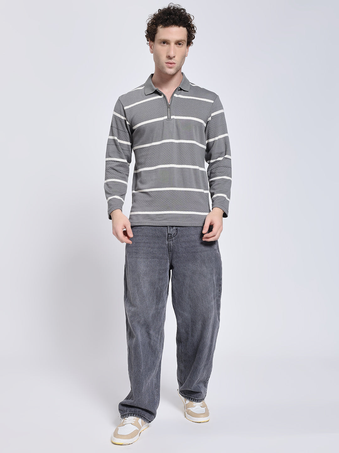 Full sleeve knitted pre-winter grey stripe T-shirt