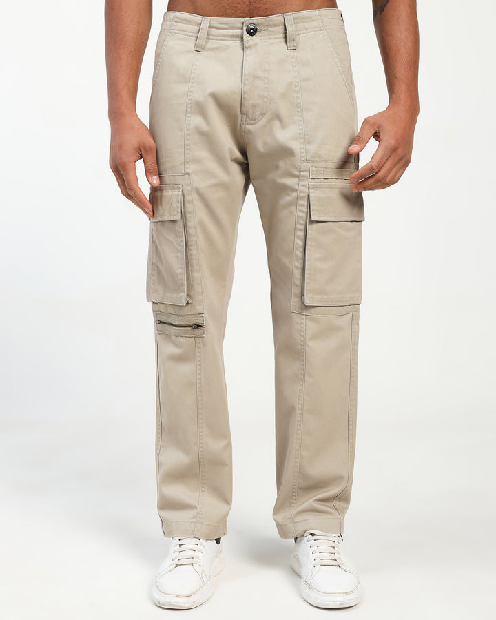 Men’s Beige Straight Fit Cargo Pants with Utility Pockets