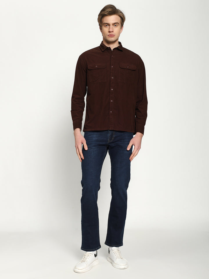Men's Maroon Drop Shoulder Corudroy Shirt