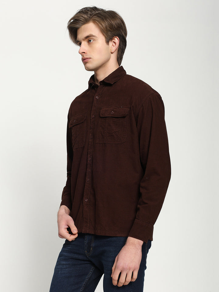 Men's Maroon Drop Shoulder Corudroy Shirt