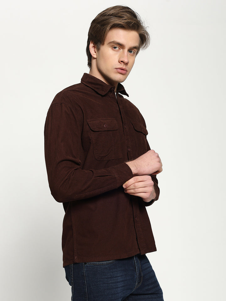 Men's Maroon Drop Shoulder Corudroy Shirt
