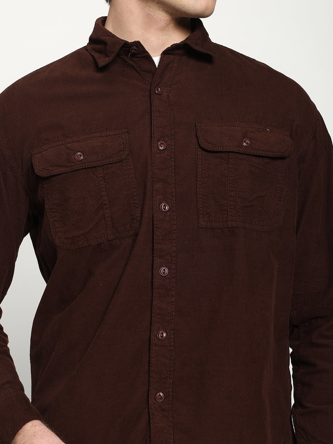 Men's Maroon Drop Shoulder Corudroy Shirt