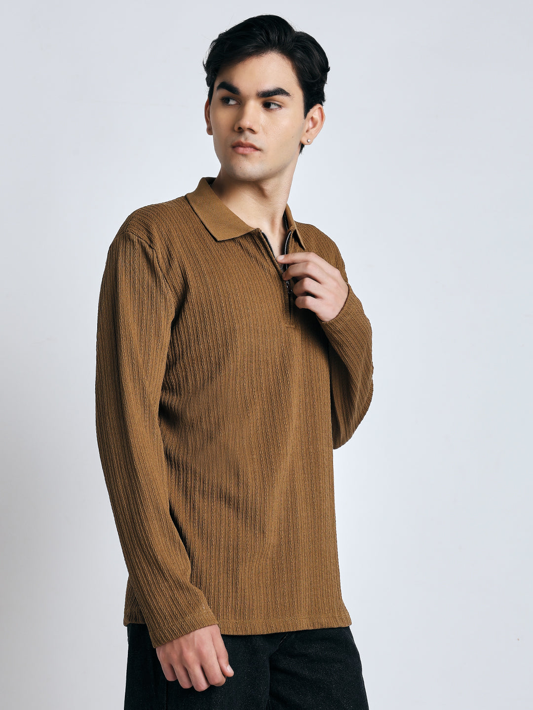 Brown front chain zipper T-shirt