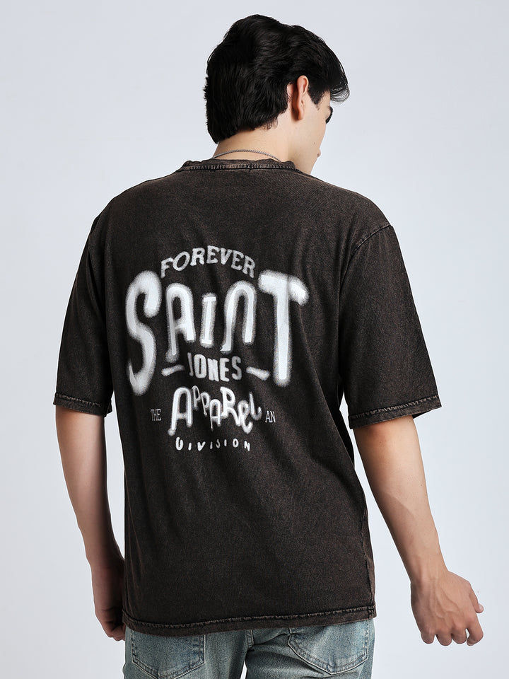 Street style drop shoulder brown wash Tshirt