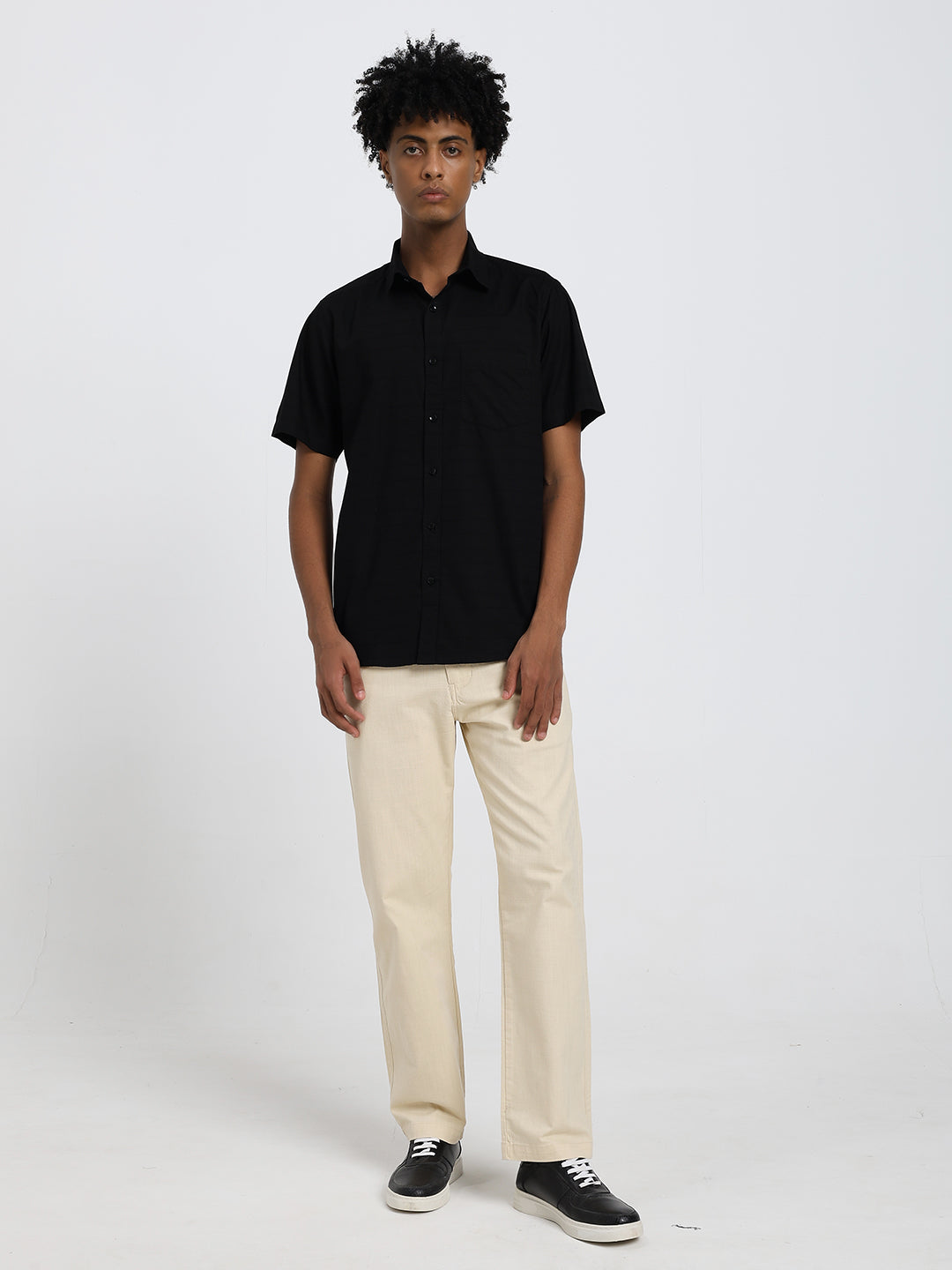 Linen blend black half sleeve shirt