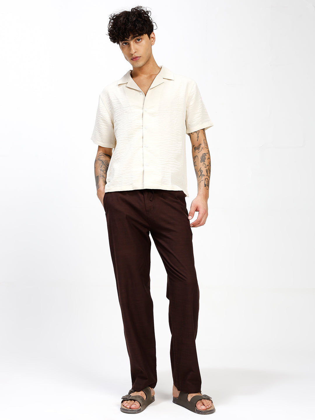 Men’s Dark Brown Regular Fit Linen Pants