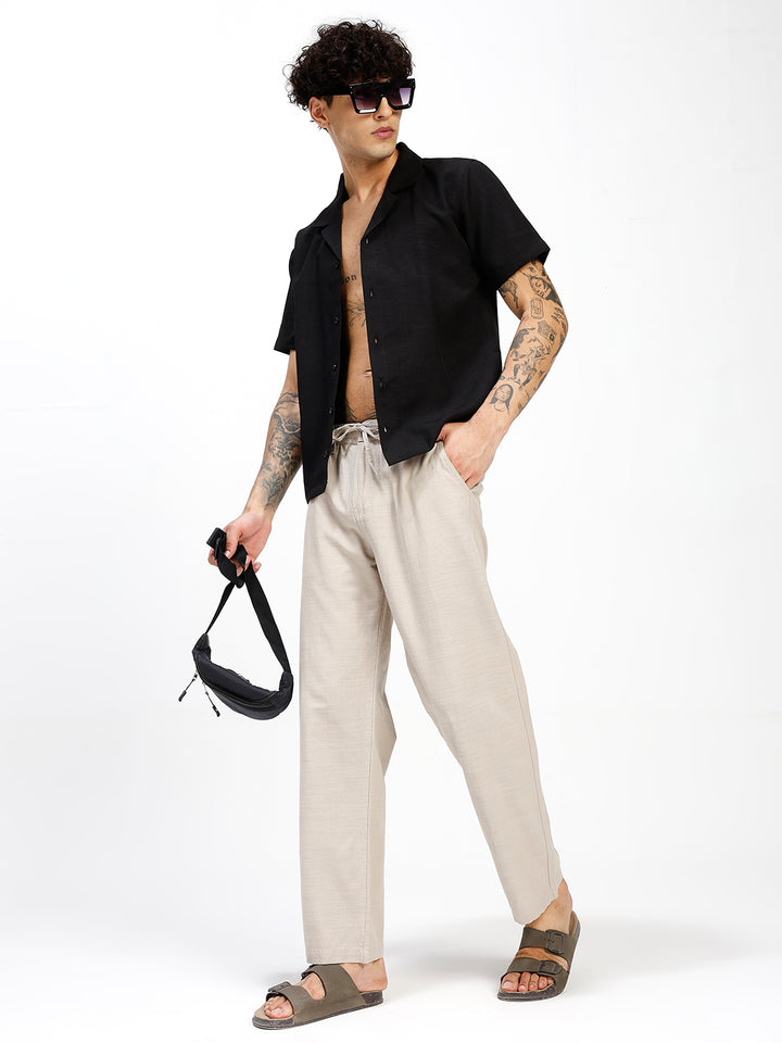 Men’s Cream Regular Fit Linen Pants
