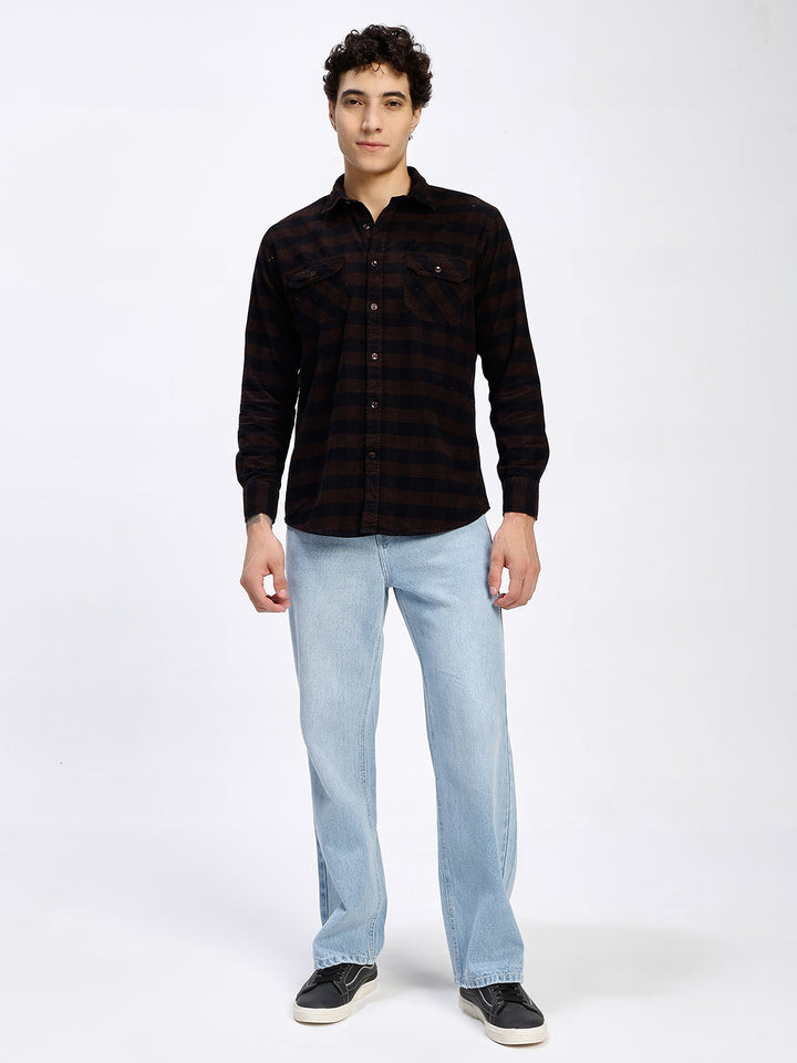 Men's Black & Brown Checked Corduroy Casual Shirt