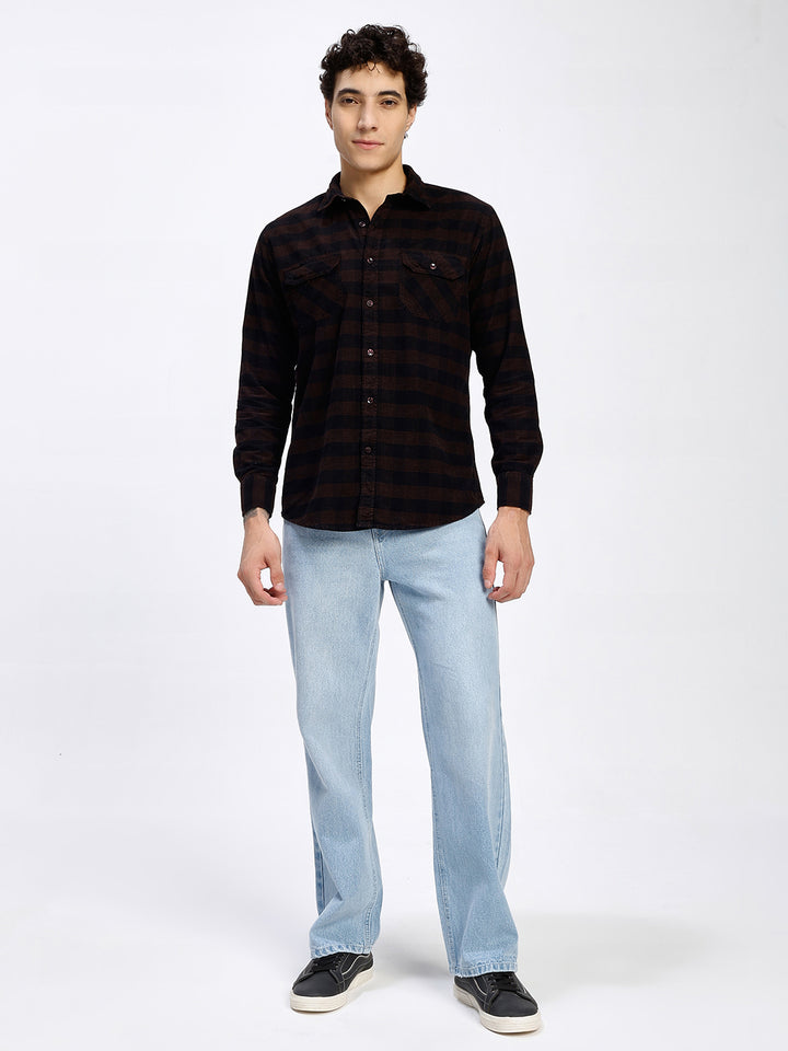 Men's Black & Brown Checked Corduroy Casual Shirt