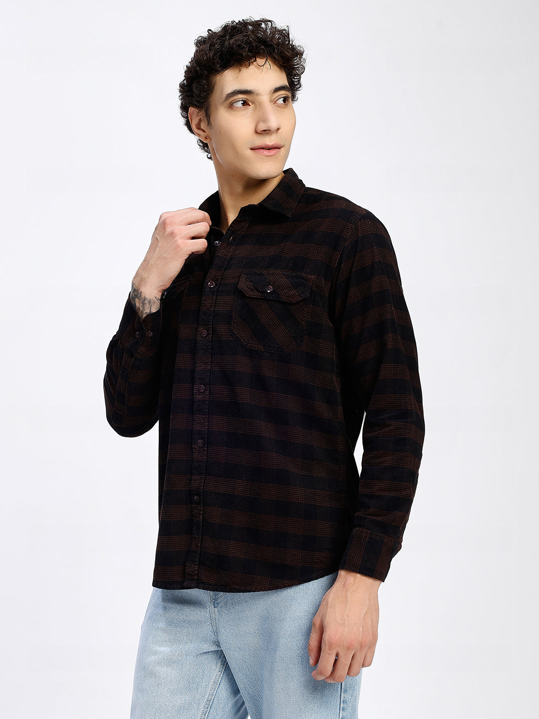 Men's Black & Brown Checked Corduroy Casual Shirt
