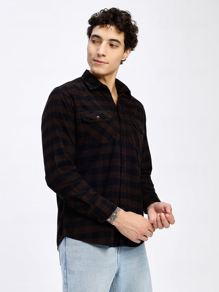 Men's Black & Brown Checked Corduroy Casual Shirt