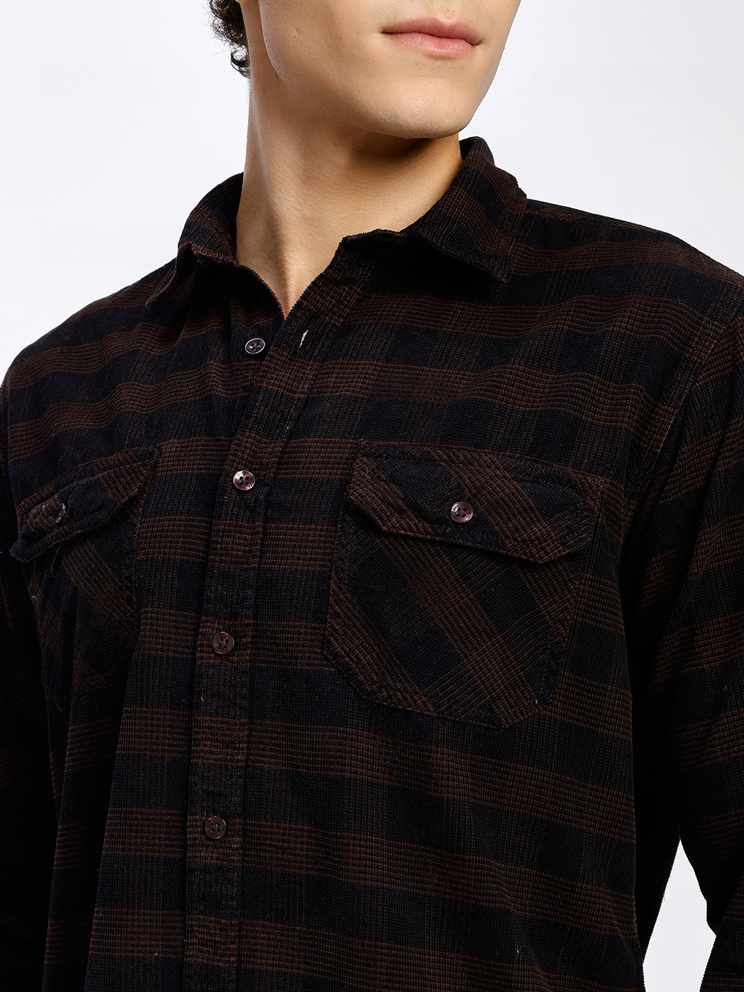 Men's Black & Brown Checked Corduroy Casual Shirt