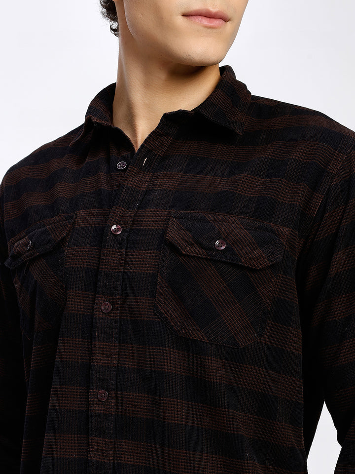 Men's Black & Brown Checked Corduroy Casual Shirt