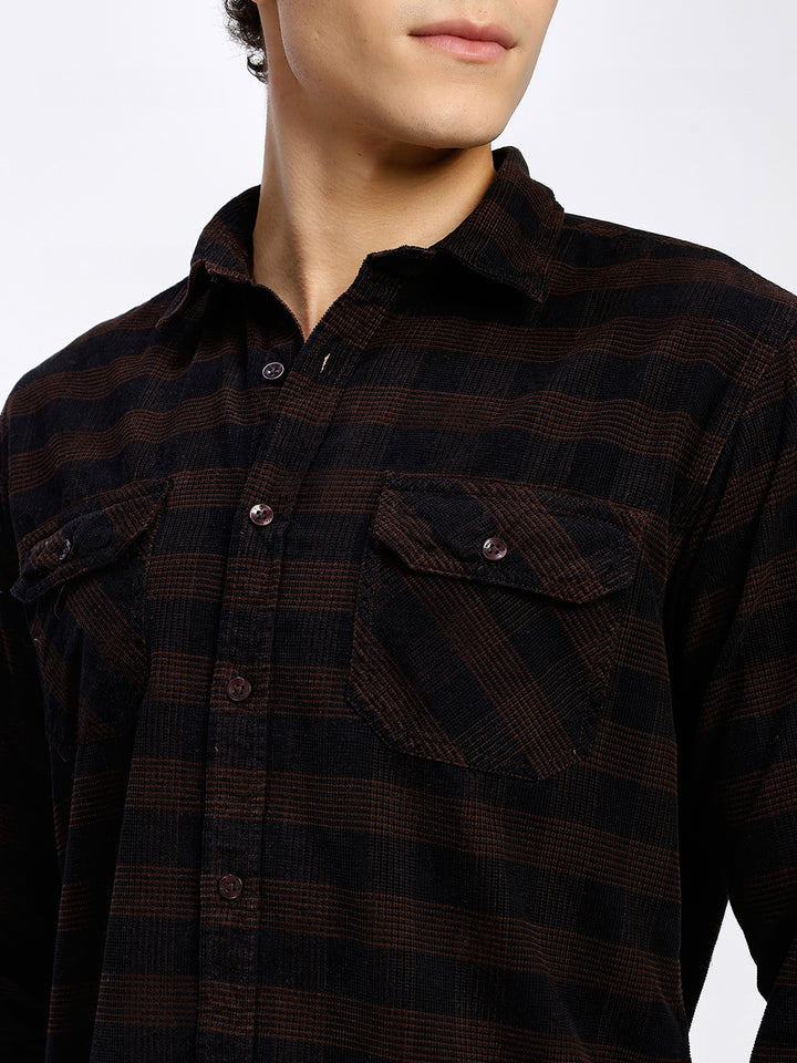 Men's Black & Brown Checked Corduroy Casual Shirt