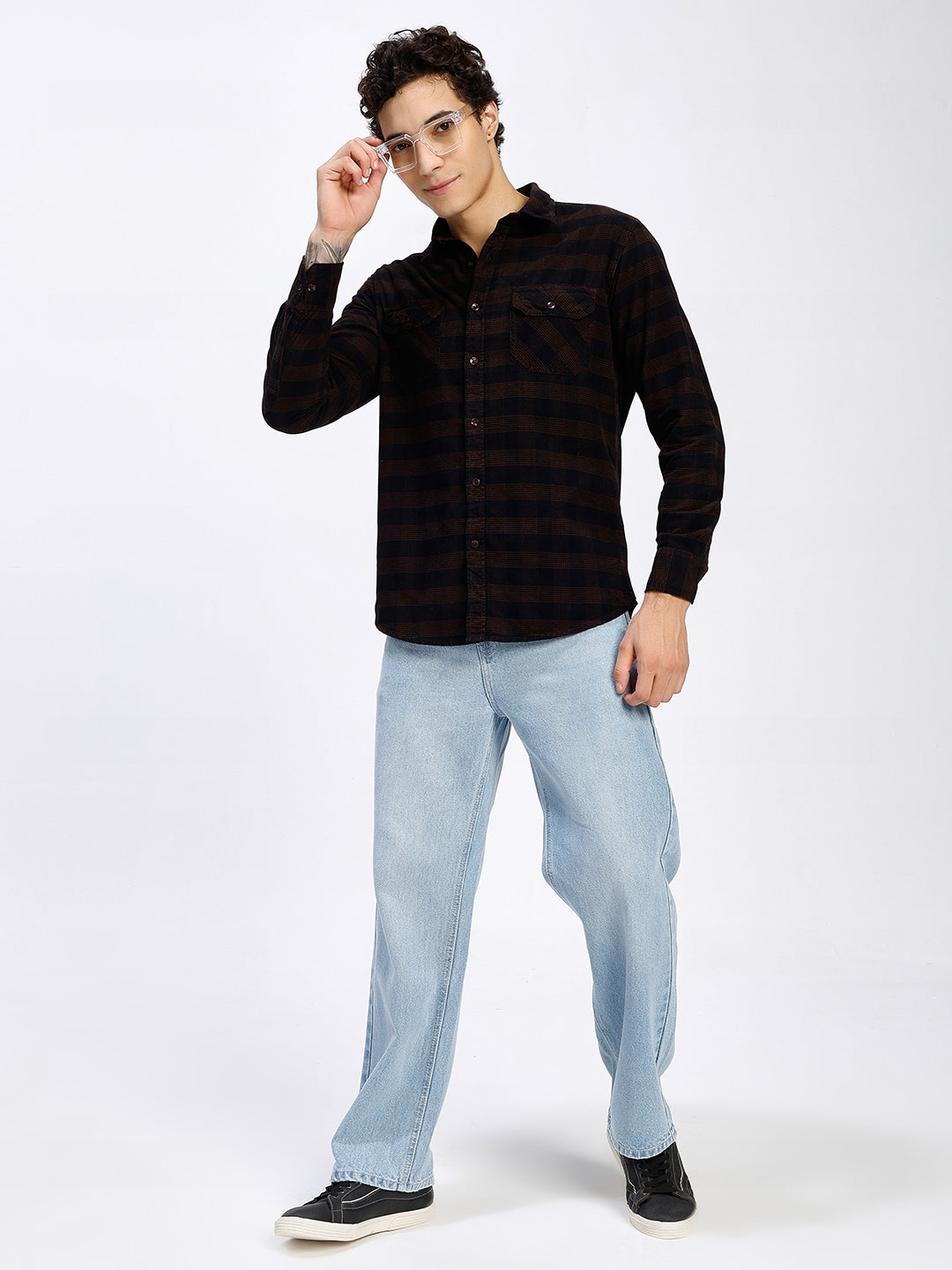 Men's Black & Brown Checked Corduroy Casual Shirt