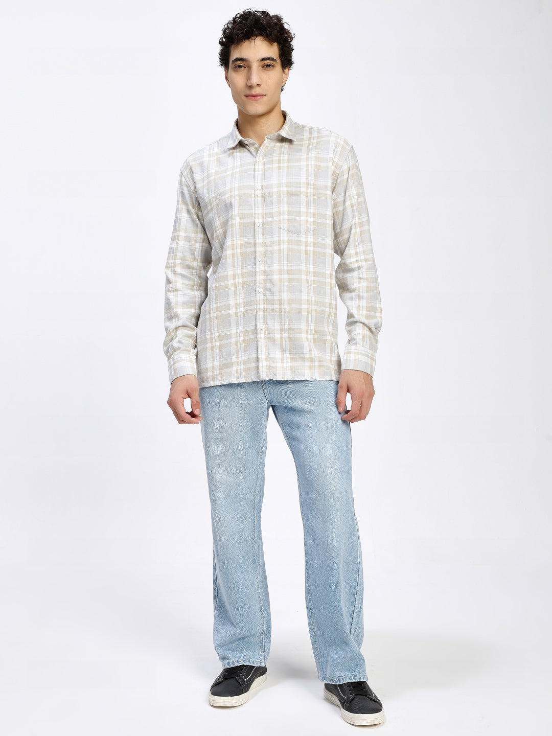 Men's Cream Checkered Casual Shirt