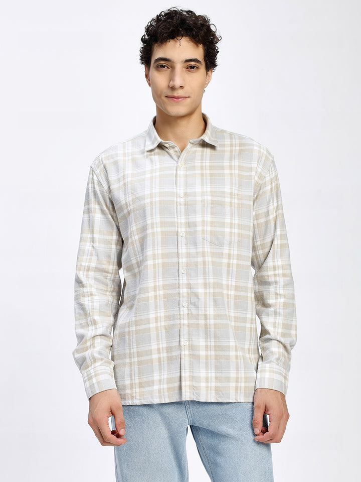 Men's Cream Checkered Casual Shirt