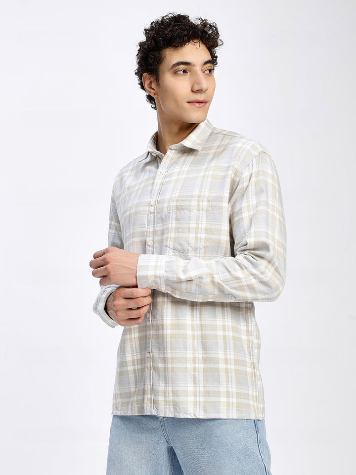 Men's Cream Checkered Casual Shirt