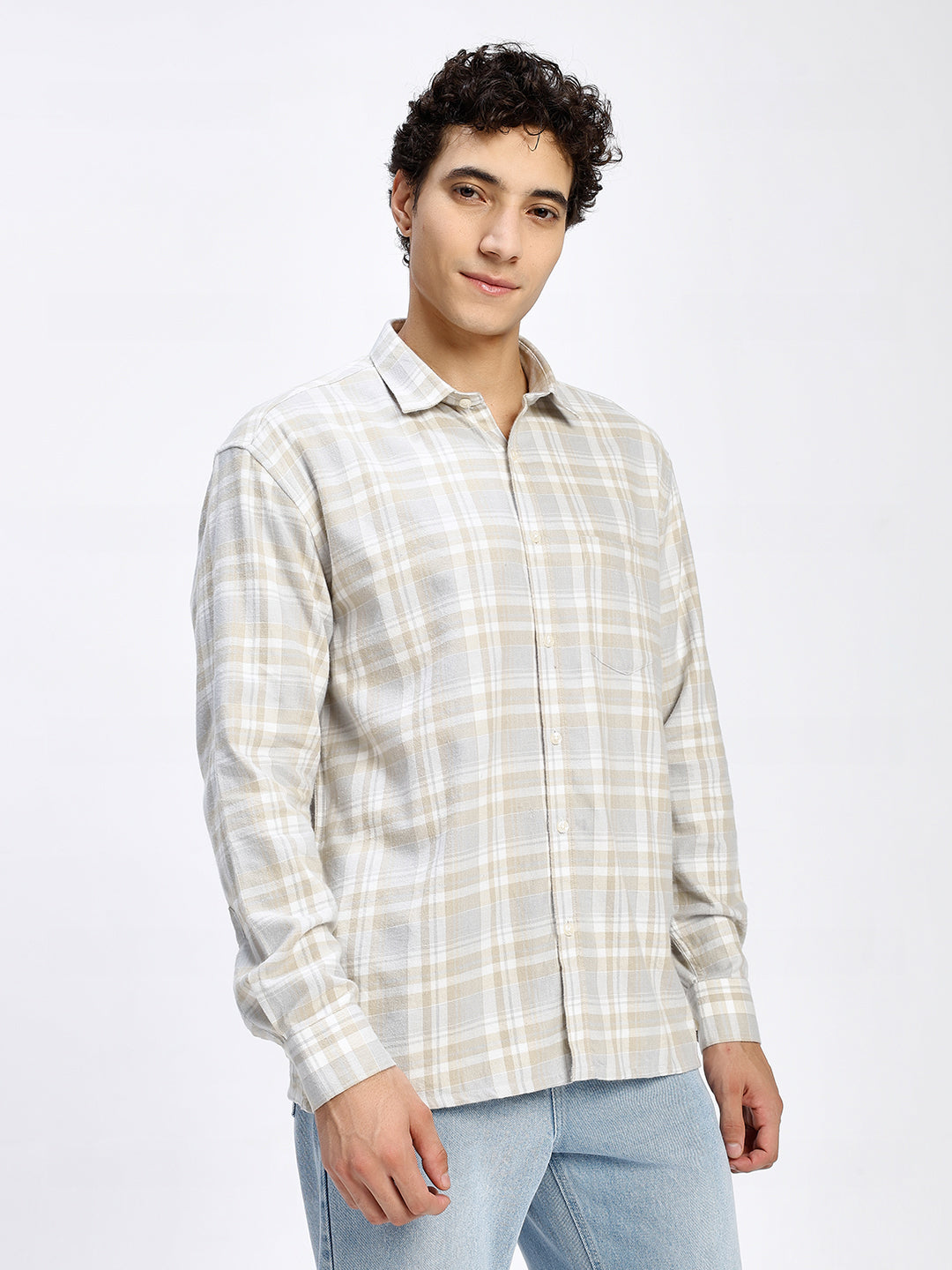 Men's Cream Checkered Casual Shirt