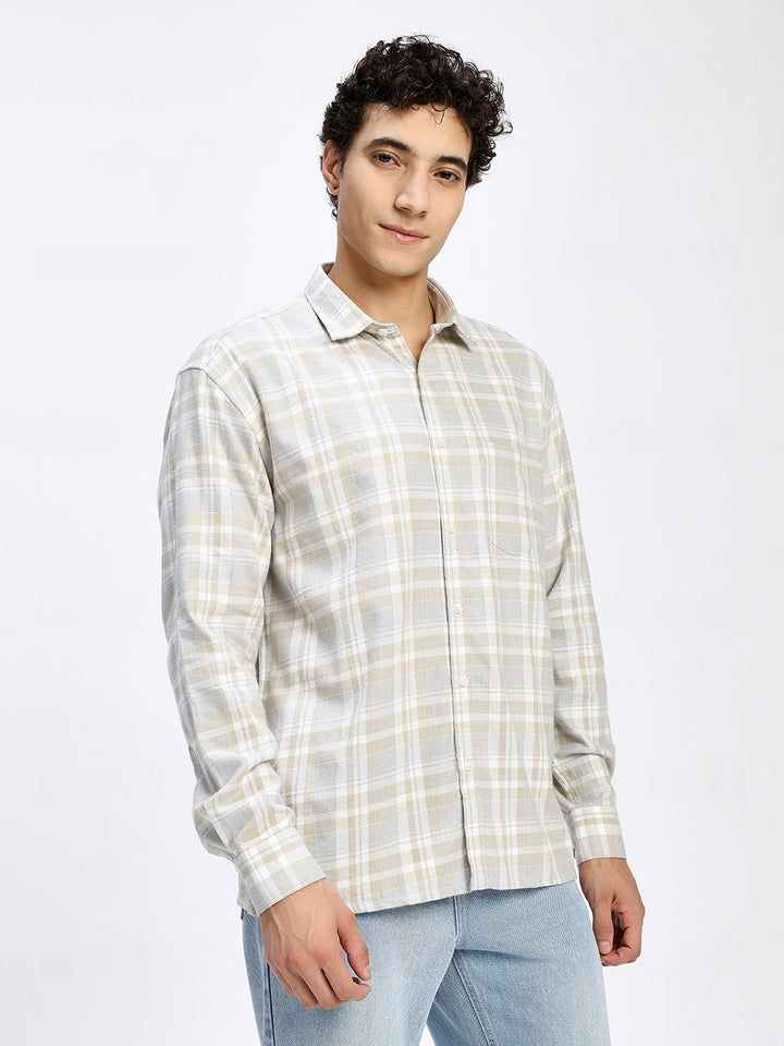 Men's Cream Checkered Casual Shirt