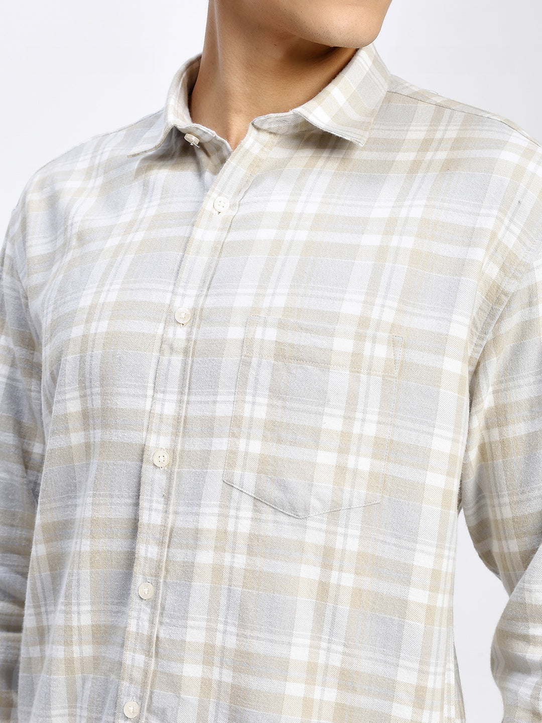 Men's Cream Checkered Casual Shirt