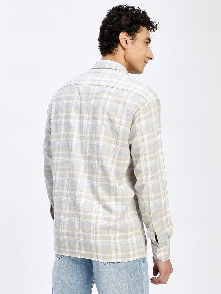 Men's Cream Checkered Casual Shirt