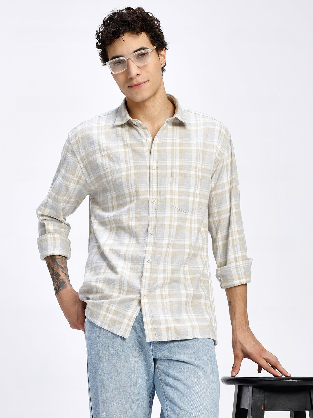 Men's Cream Checkered Casual Shirt
