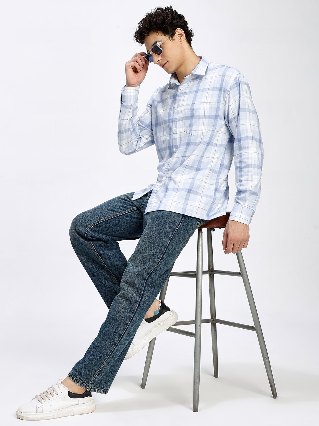 Men's Sky Blue Checkered Casual Shirt