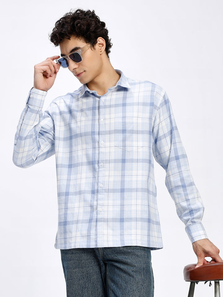 Men's Sky Blue Checkered Casual Shirt
