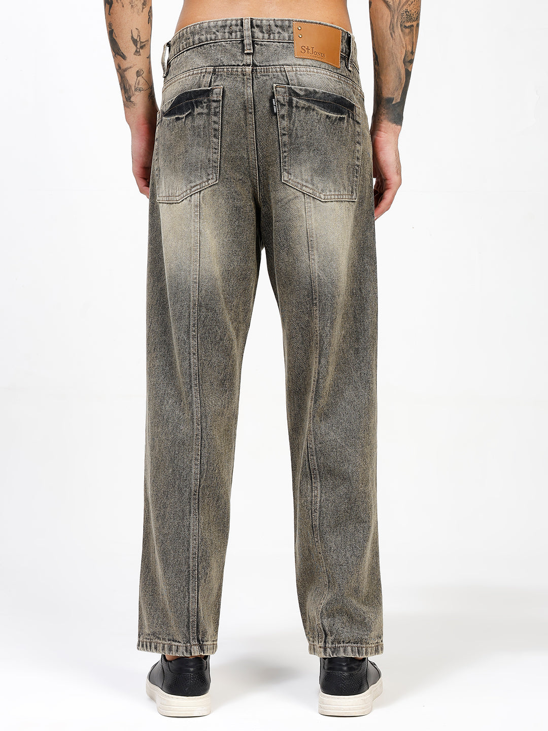 Men's Grey Acid Wash Relaxed Fit Denim Jeans