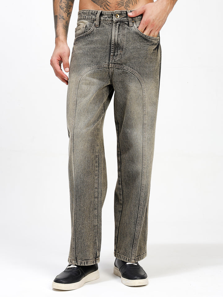 Men's Grey Acid Wash Relaxed Fit Denim Jeans