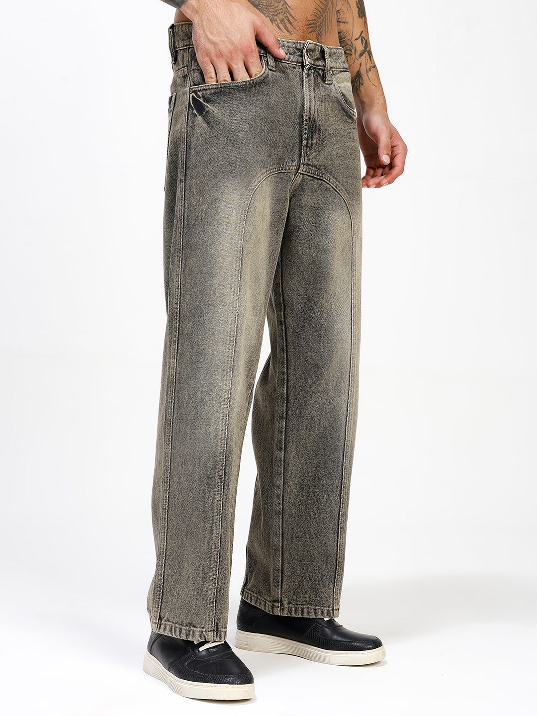 Men's Grey Acid Wash Relaxed Fit Denim Jeans