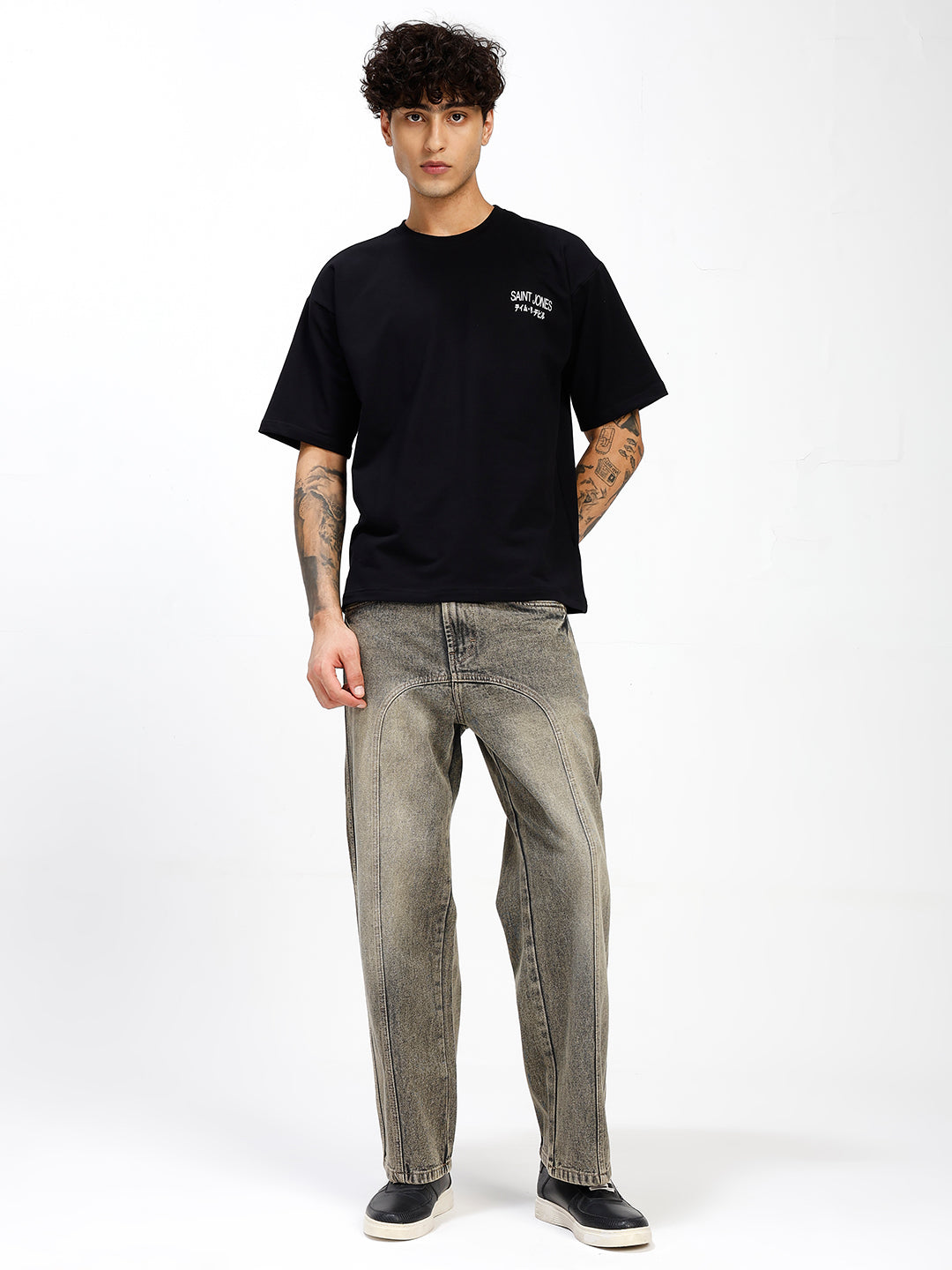 Men's Grey Acid Wash Relaxed Fit Denim Jeans