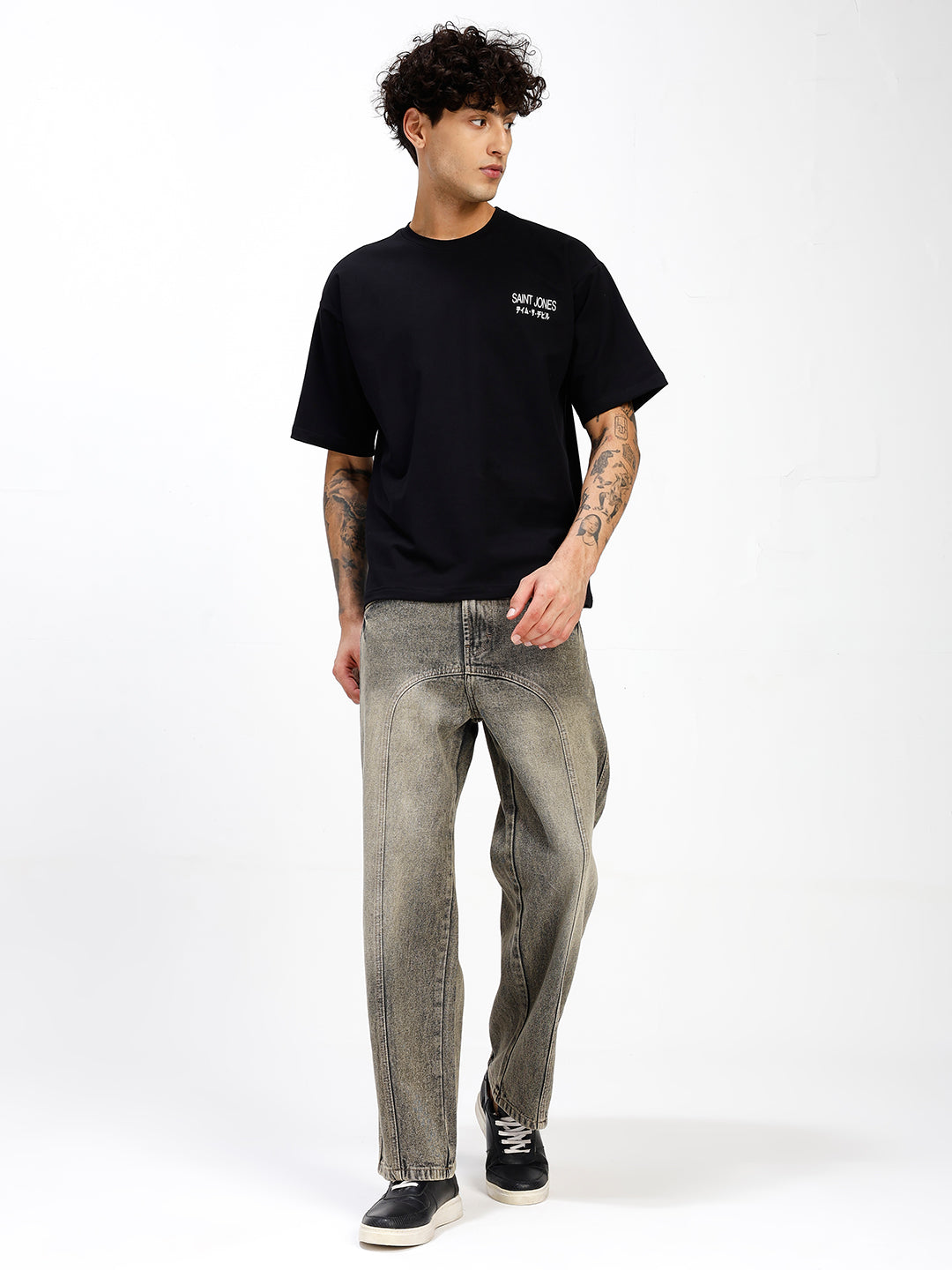 Men's Black  Oversized Graphic Print Crew Neck T-Shirt