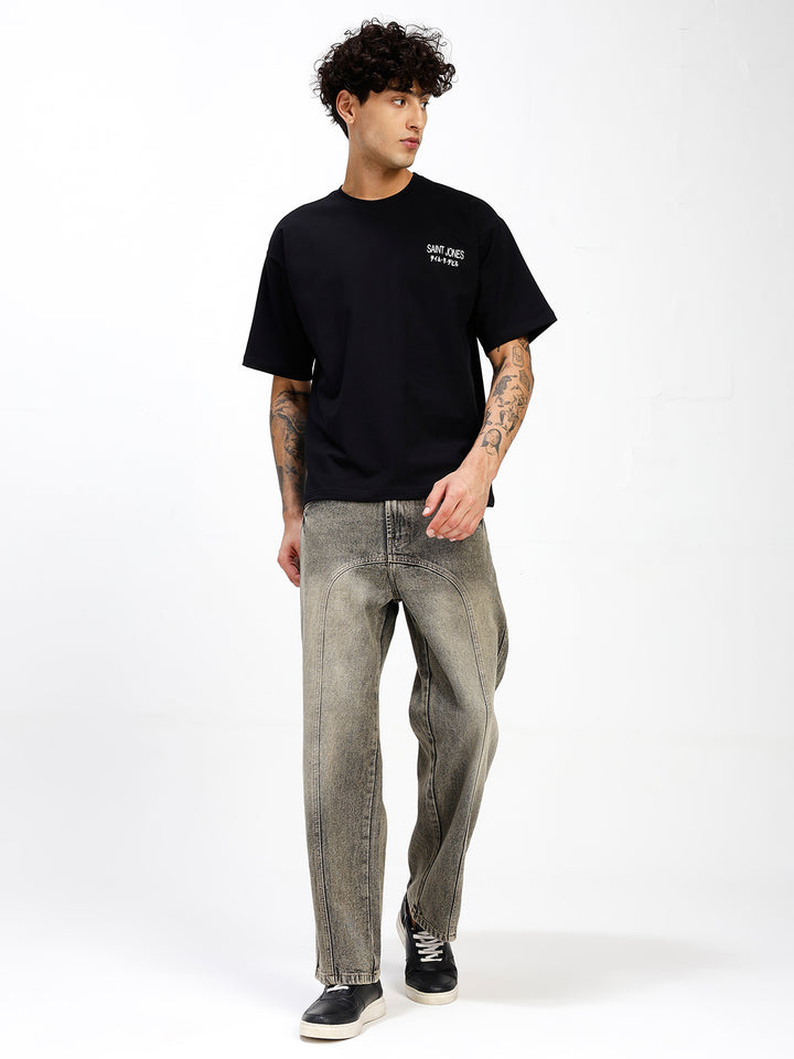 Men's Black  Oversized Graphic Print Crew Neck T-Shirt