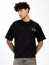 Men's Black  Oversized Graphic Print Crew Neck T-Shirt
