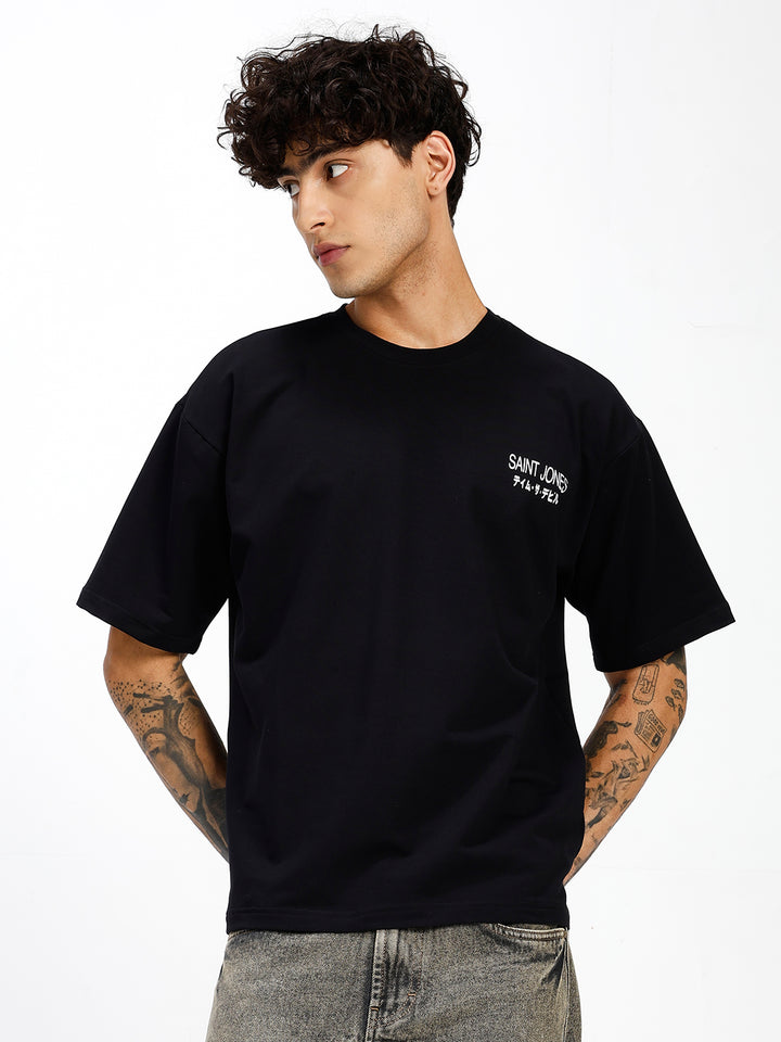 Men's Black  Oversized Graphic Print Crew Neck T-Shirt