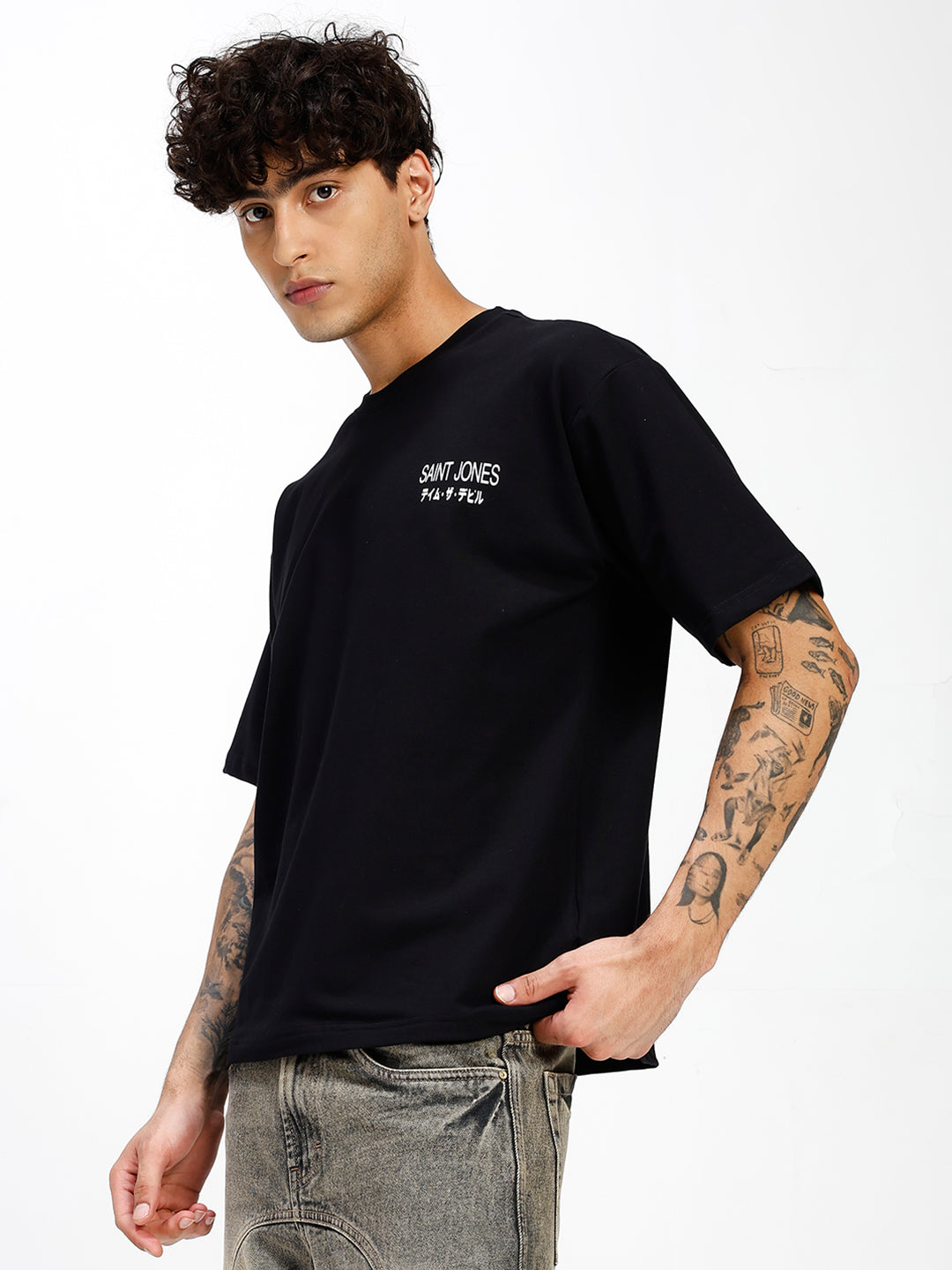 Men's Black  Oversized Graphic Print Crew Neck T-Shirt