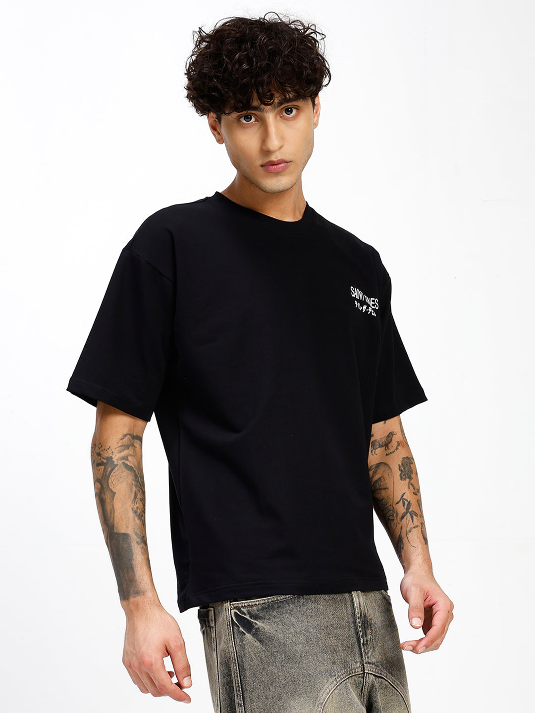 Men's Black  Oversized Graphic Print Crew Neck T-Shirt
